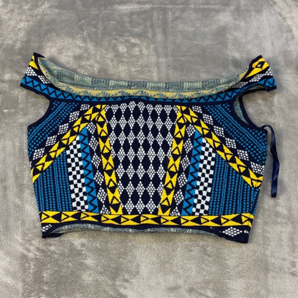 BCBGMAXAZRIA‎ Womens Blue Yellow Geometric Jacquard Off Shoulder Crop Top Small